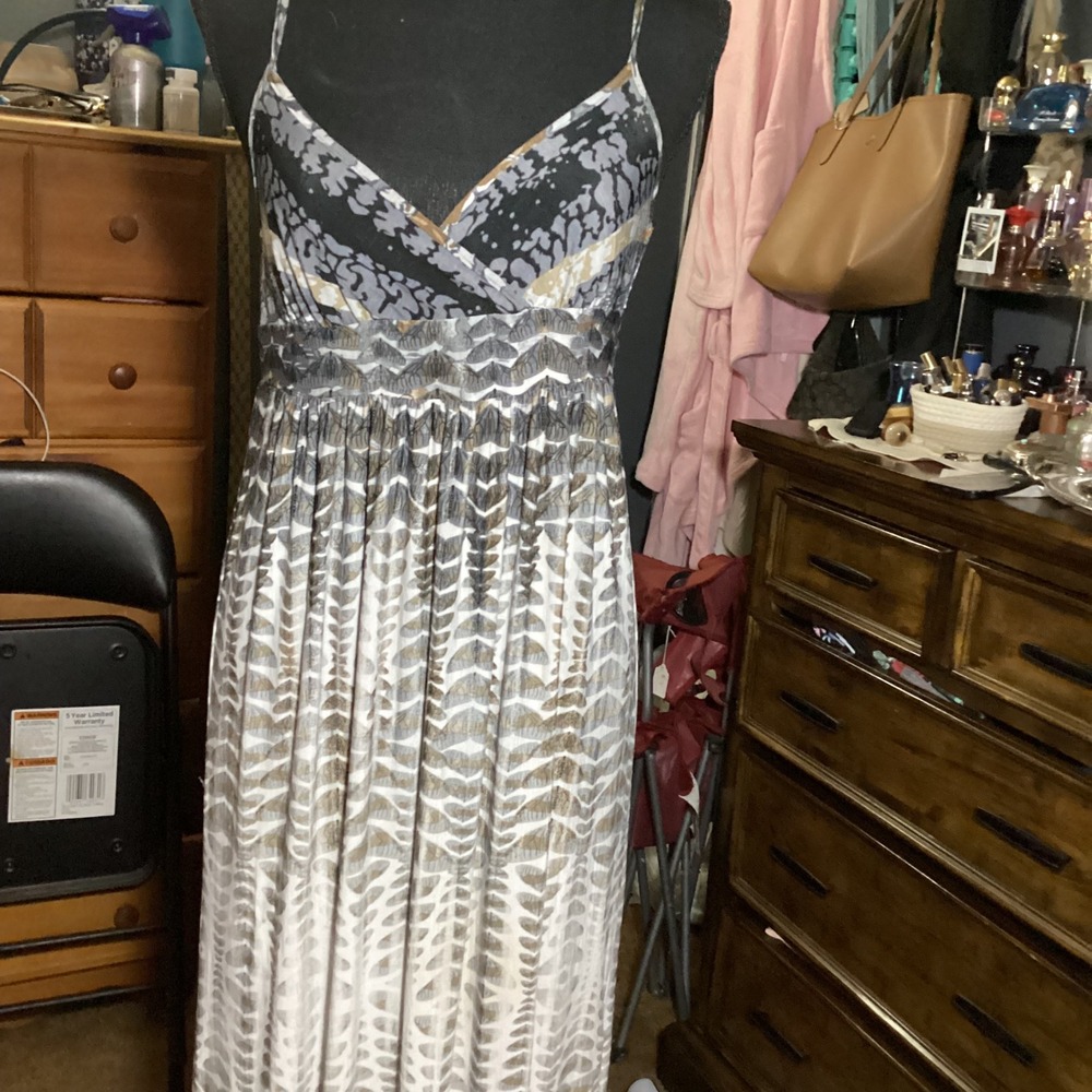 MCM Women Grey Geometric Print V-Neck Maxi Dress with Side Slits Size M
